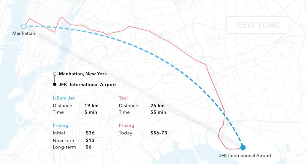 Schneller und günstiger soll es mit Lilium vom JFK Airport nach Manhattan gehen. Grafik: Lilium